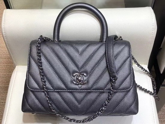 Chanel Small Flap Bag with Top Handle Silver Grey Chevron Grained Calfskin