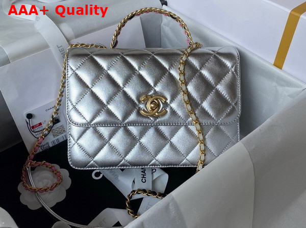 Chanel Small Flap Bag with Top Handle Silver Metallic Lambskin and Gold Tone Metal AS3908 Replica