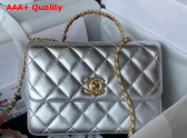 Chanel Small Flap Bag with Top Handle Silver Metallic Lambskin and Gold Tone Metal AS3908 Replica