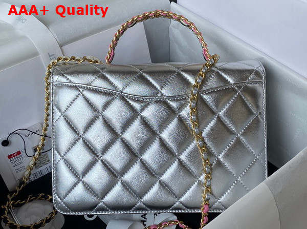 Chanel Small Flap Bag with Top Handle Silver Metallic Lambskin and Gold Tone Metal AS3908 Replica