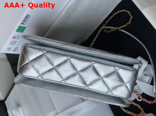 Chanel Small Flap Bag with Top Handle Silver Metallic Lambskin and Gold Tone Metal AS3908 Replica