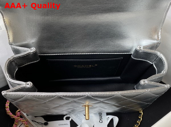 Chanel Small Flap Bag with Top Handle Silver Metallic Lambskin and Gold Tone Metal AS3908 Replica