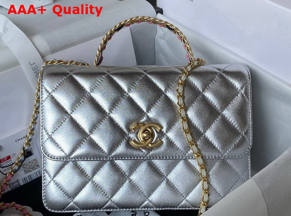 Chanel Small Flap Bag with Top Handle Silver Metallic Lambskin and Gold Tone Metal AS3908 Replica