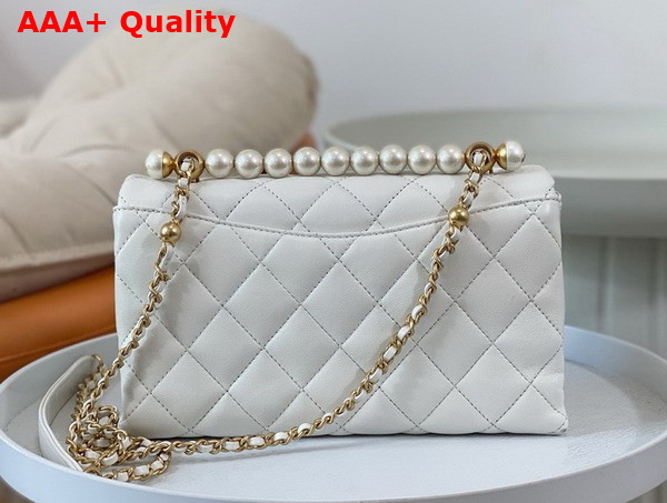 Chanel Small Flap Bag with Top Handle White Shiny Lambskin Imitation Pearls Gold Tone Metal AS5002 Replica