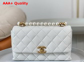 Chanel Small Flap Bag with Top Handle White Shiny Lambskin Imitation Pearls Gold Tone Metal AS5002 Replica