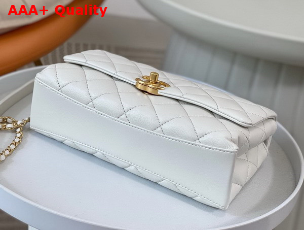 Chanel Small Flap Bag with Top Handle White Shiny Lambskin Imitation Pearls Gold Tone Metal AS5002 Replica