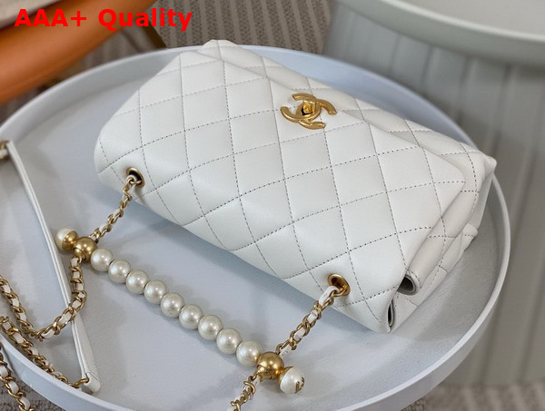 Chanel Small Flap Bag with Top Handle White Shiny Lambskin Imitation Pearls Gold Tone Metal AS5002 Replica