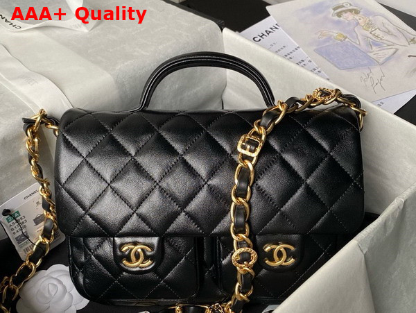 Chanel Small Flap Bag with Top Handle in Black Shiny Lambskin Gold Tone Metal AS4993 Replica