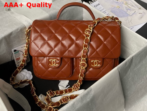 Chanel Small Flap Bag with Top Handle in Brown Shiny Lambskin Gold Tone Metal AS4993 Replica