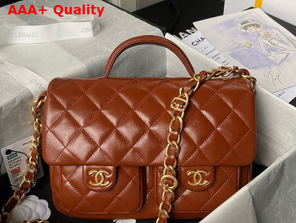 Chanel Small Flap Bag with Top Handle in Brown Shiny Lambskin Gold Tone Metal AS4993 Replica