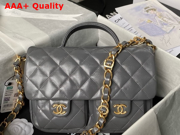 Chanel Small Flap Bag with Top Handle in Gray Shiny Lambskin Gold Tone Metal AS4993 Replica