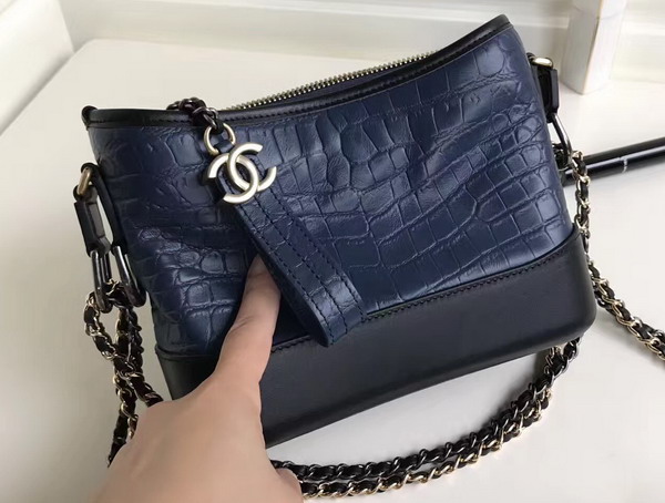 Chanel Small Gabrielle Hobo Bag in Navy Blue Alligator and Black Lambskin Silver Tone and Gold Tone Metal For Sale