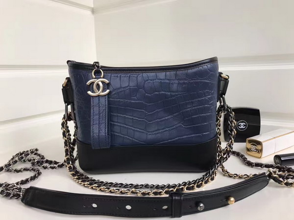 Chanel Small Gabrielle Hobo Bag in Navy Blue Alligator and Black Lambskin Silver Tone and Gold Tone Metal For Sale