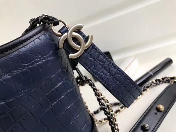 Chanel Small Gabrielle Hobo Bag in Navy Blue Alligator and Black Lambskin Silver Tone and Gold Tone Metal For Sale