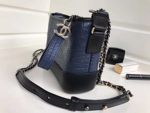 Chanel Small Gabrielle Hobo Bag in Navy Blue Alligator and Black Lambskin Silver Tone and Gold Tone Metal For Sale