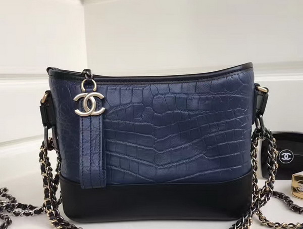 Chanel Small Gabrielle Hobo Bag in Navy Blue Alligator and Black Lambskin Silver Tone and Gold Tone Metal For Sale