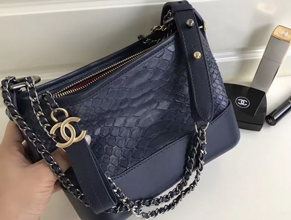 Chanel Small Gabrielle Hobo Bag in Navy Blue Python and Lambskin Silver Tone and Gold Tone Metal For Sale