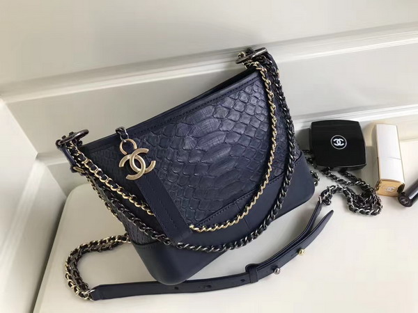 Chanel Small Gabrielle Hobo Bag in Navy Blue Python and Lambskin Silver Tone and Gold Tone Metal For Sale