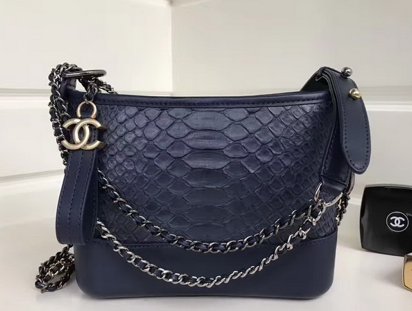 Chanel Small Gabrielle Hobo Bag in Navy Blue Python and Lambskin Silver Tone and Gold Tone Metal For Sale