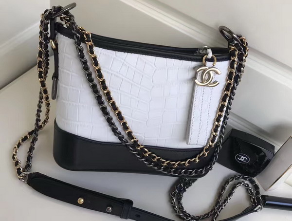 Chanel Small Gabrielle Hobo Bag in White Alligator and Black Lambskin Silver Tone and Gold Tone Metal For Sale