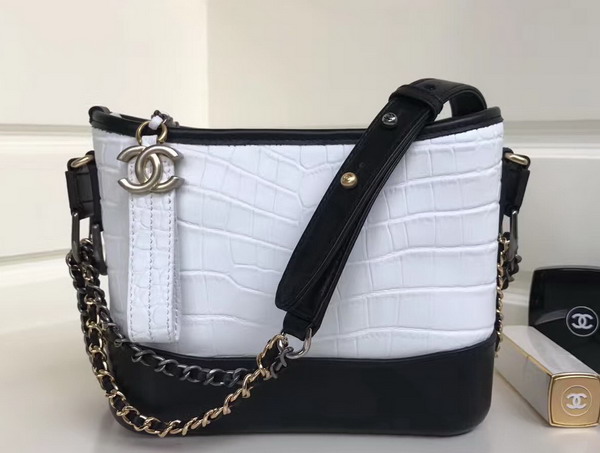 Chanel Small Gabrielle Hobo Bag in White Alligator and Black Lambskin Silver Tone and Gold Tone Metal For Sale