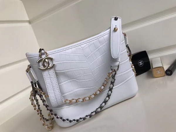 Chanel Small Gabrielle Hobo Bag in White Alligator and Lambskin Silver Tone and Gold Tone Metal For Sale