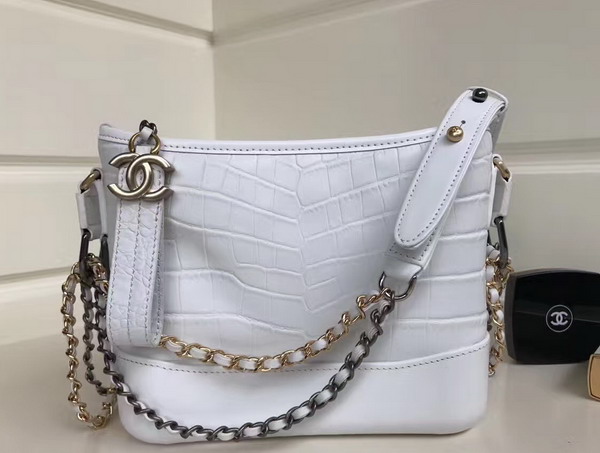 Chanel Small Gabrielle Hobo Bag in White Alligator and Lambskin Silver Tone and Gold Tone Metal For Sale