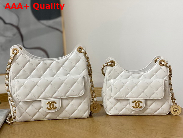 Chanel Small Hobo Bag Shiny Crumpled Calfskin Gold Tone Metal White AS3710 Replica