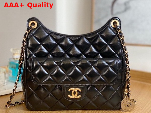 Chanel Small Hobo Bag in Black Shiny Crumpled Calfskin Gold Tone Metal AS3690 Replica