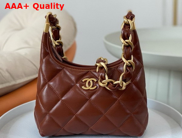 Chanel Small Hobo Bag in Brown Shiny Lambskin Gold Tone Metal AS4922 Replica