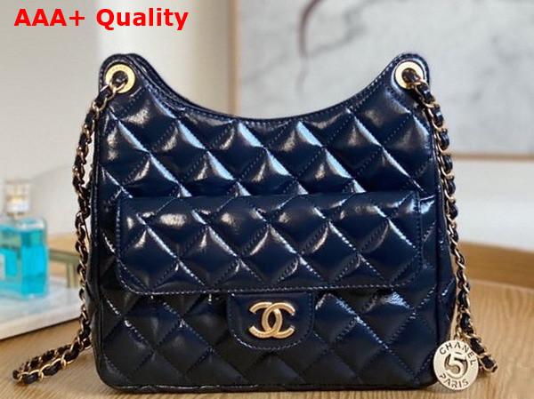 Chanel Small Hobo Bag in Navy Blue Shiny Crumpled Calfskin Gold Tone Metal AS3690 Replica