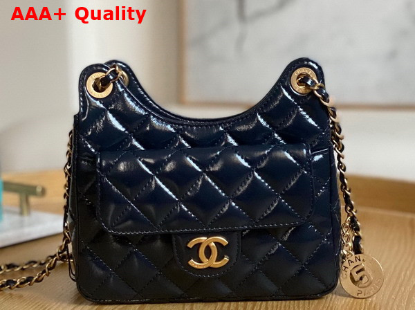 Chanel Small Hobo Bag in Navy Blue Shiny Crumpled Calfskin Gold Tone Metal AS3710 Replica