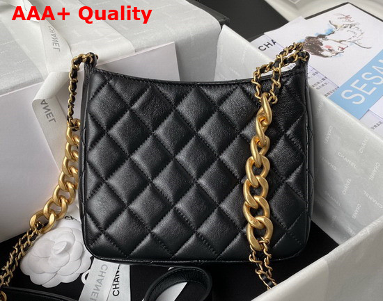 Chanel Small Hobo Handbag in Black Lambskin Gold Tone Metal Replica