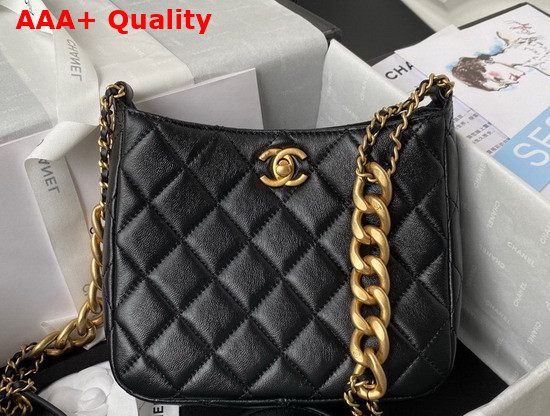 Chanel Small Hobo Handbag in Black Lambskin Gold Tone Metal Replica