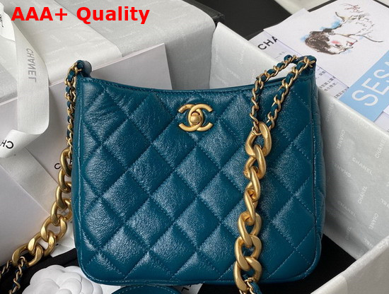 Chanel Small Hobo Handbag in Blue Lambskin Gold Tone Metal Replica