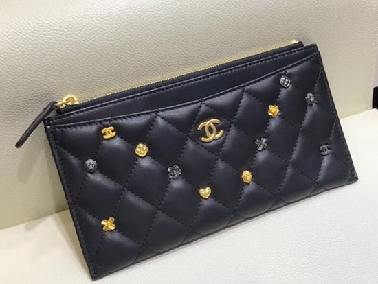 Chanel Small Pouch with Metal Flower Studs Black Lambskin A81797