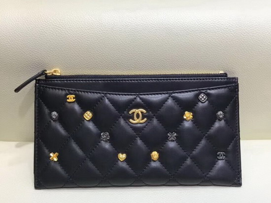 Chanel Small Pouch with Metal Flower Studs Black Lambskin A81797