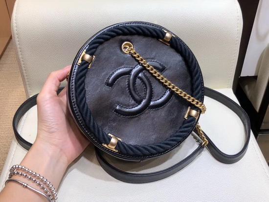 Chanel Small Round Bag Black Crumpled Calfskin Cotton and Gold Tone Metal AS0075