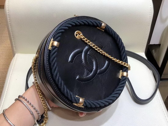 Chanel Small Round Bag Black Crumpled Calfskin Cotton and Gold Tone Metal AS0075