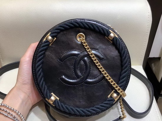 Chanel Small Round Bag Black Crumpled Calfskin Cotton and Gold Tone Metal AS0075