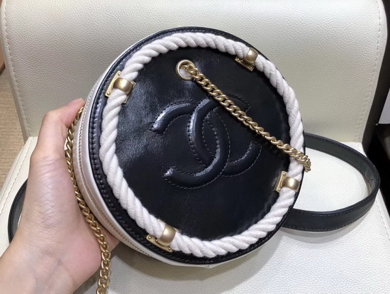 Chanel Small Round Bag Crumpled Calfskin Cotton and Gold Tone Metal AS0075 Black and White