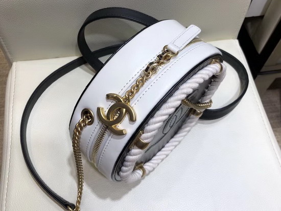 Chanel Small Round Bag Crumpled Calfskin Cotton and Gold Tone Metal AS0075 Black and White