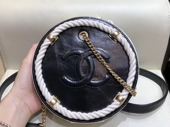 Chanel Small Round Bag Crumpled Calfskin Cotton and Gold Tone Metal AS0075 Black and White