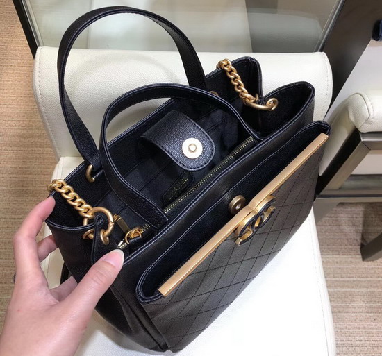 Chanel Small Shopping Bag Grained Calfskin Gold Tone Metal Black A57563