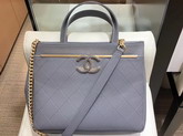 Chanel Small Shopping Bag Grained Calfskin Gold Tone Metal Grey A57563