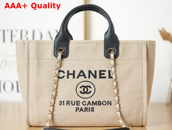 Chanel Small Shopping Bag in Beige Mixed Fibers and Black Leather Replica