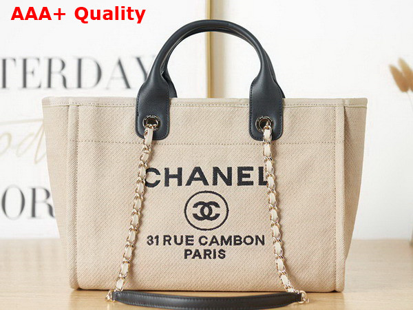 Chanel Small Shopping Bag in Beige Mixed Fibers and Black Leather Replica