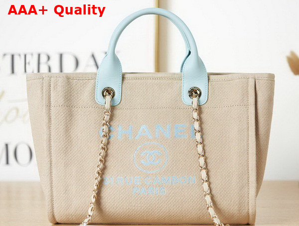 Chanel Small Shopping Bag in Beige Mixed Fibers and Light Blue Leather Replica