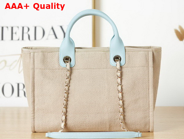 Chanel Small Shopping Bag in Beige Mixed Fibers and Light Blue Leather Replica