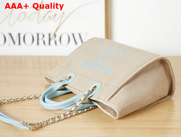 Chanel Small Shopping Bag in Beige Mixed Fibers and Light Blue Leather Replica